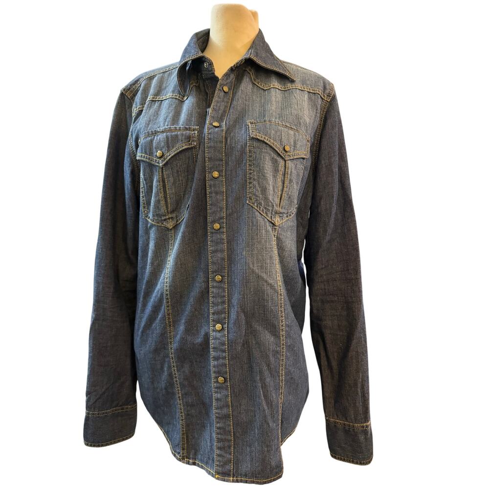 Benetton Jeans Denim Western Snap Shirt, Long Sleeve Dark Wash, Women's XL